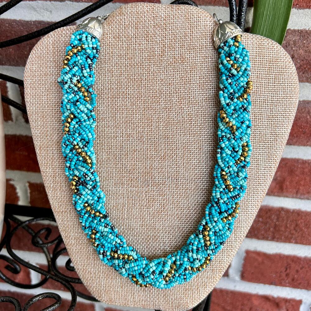 Turquoise and Gold Beaded Choker Rope-Twist Beaded Necklace 19"